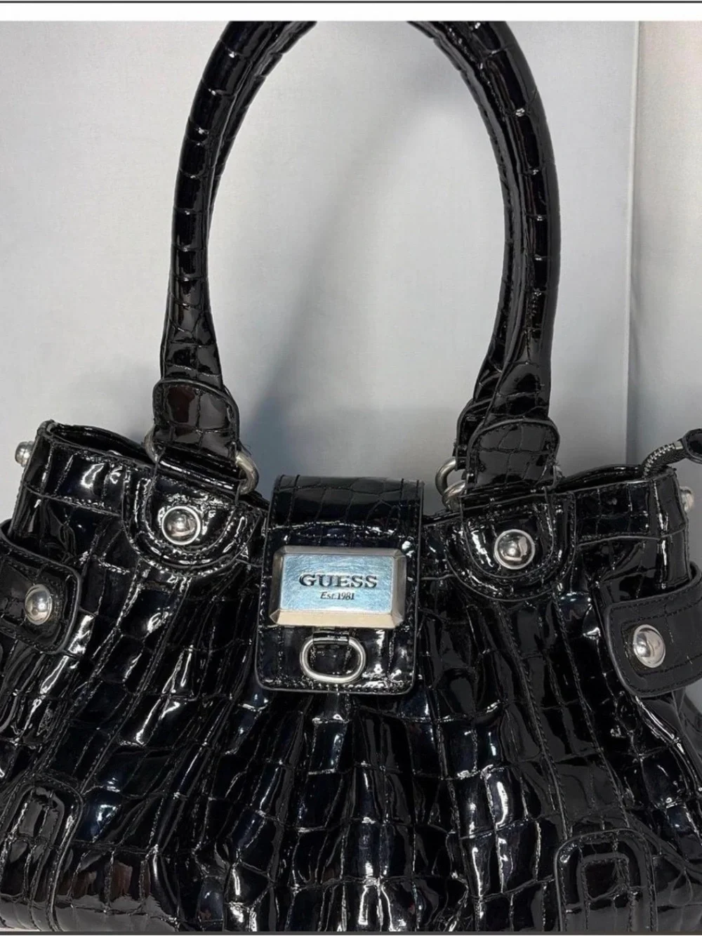 GUESS Black Croc-Embossed Patent Shoulder Bag with Silver Hardware